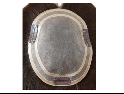 Fine mono hair topper with oval base, dark hair strands visible