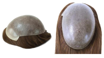 7"×9" Polyskin hair topper with oval skin base and long light-brown hair, front view