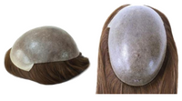 7"×9" Polyskin hair topper with oval skin base and long light-brown hair, front view