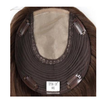 Dark brown poly lace hair topper with open lace base and visible clips
