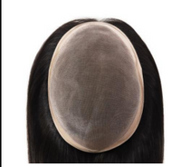 Oval lace-front hair topper with dark base and light gray monofilament top