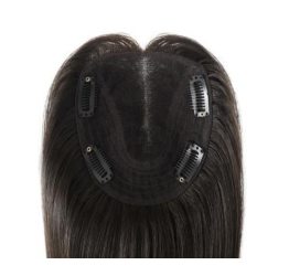 Black lace hair topper with four comb clips and breathable base