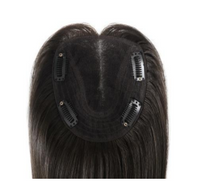 Black lace hair topper with four comb clips and breathable base