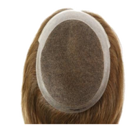 Oval dark-brown lace hair topper base with light beige border and surrounding hair