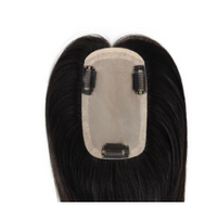 Black lace front hair topper with folded silk base and three adjustable comb clips