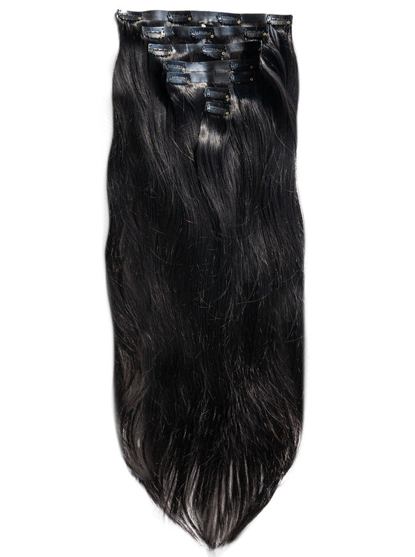 Black straight clip-in hair weft with visible metal snap clips across the top.