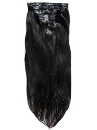 Black straight clip-in hair weft with visible metal snap clips across the top.