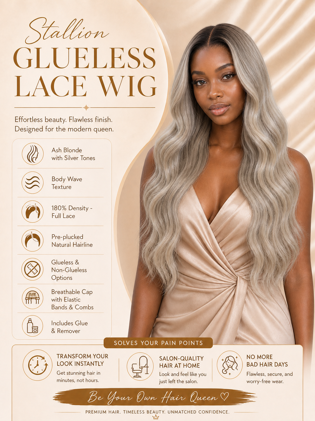 Long glueless lace wig with ash blonde body-wave curls