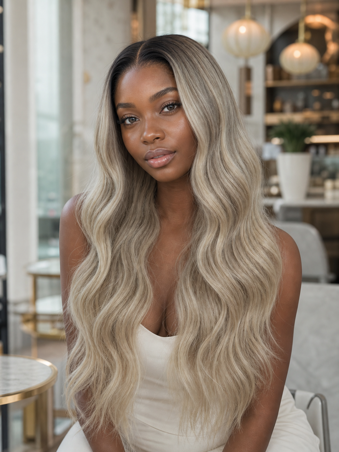 Long ash blonde lace wig with wavy texture, center part
