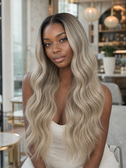 Long ash blonde lace wig with wavy texture, center part