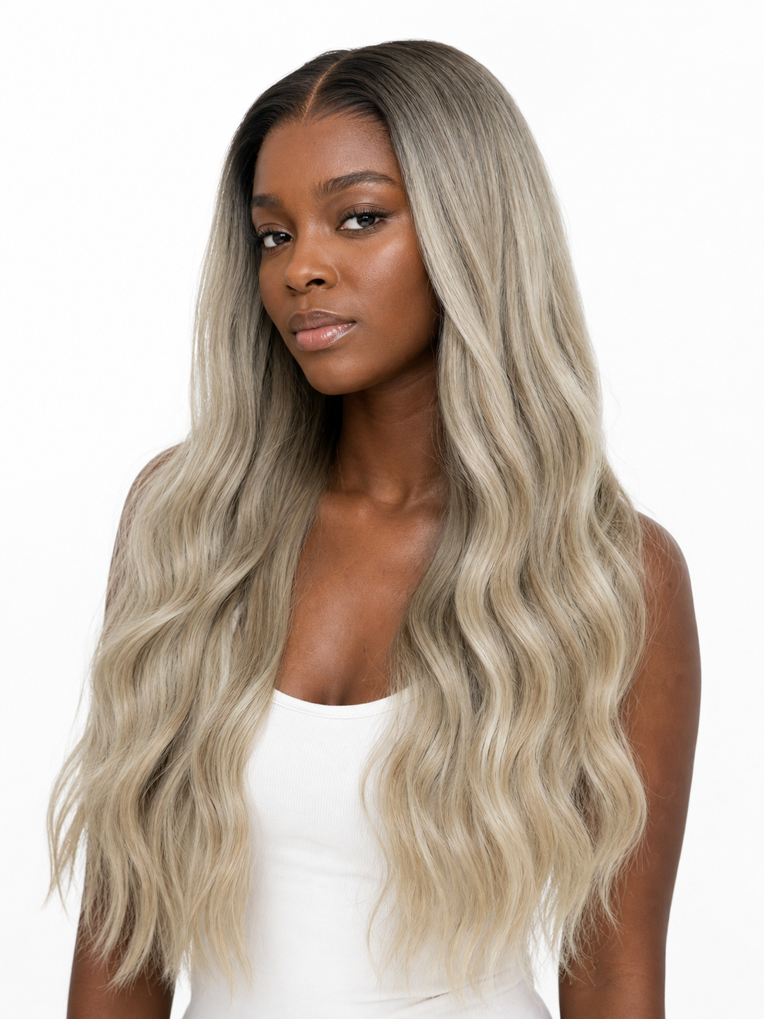 Long ash blonde lace wig with soft body-wave curls, side part
