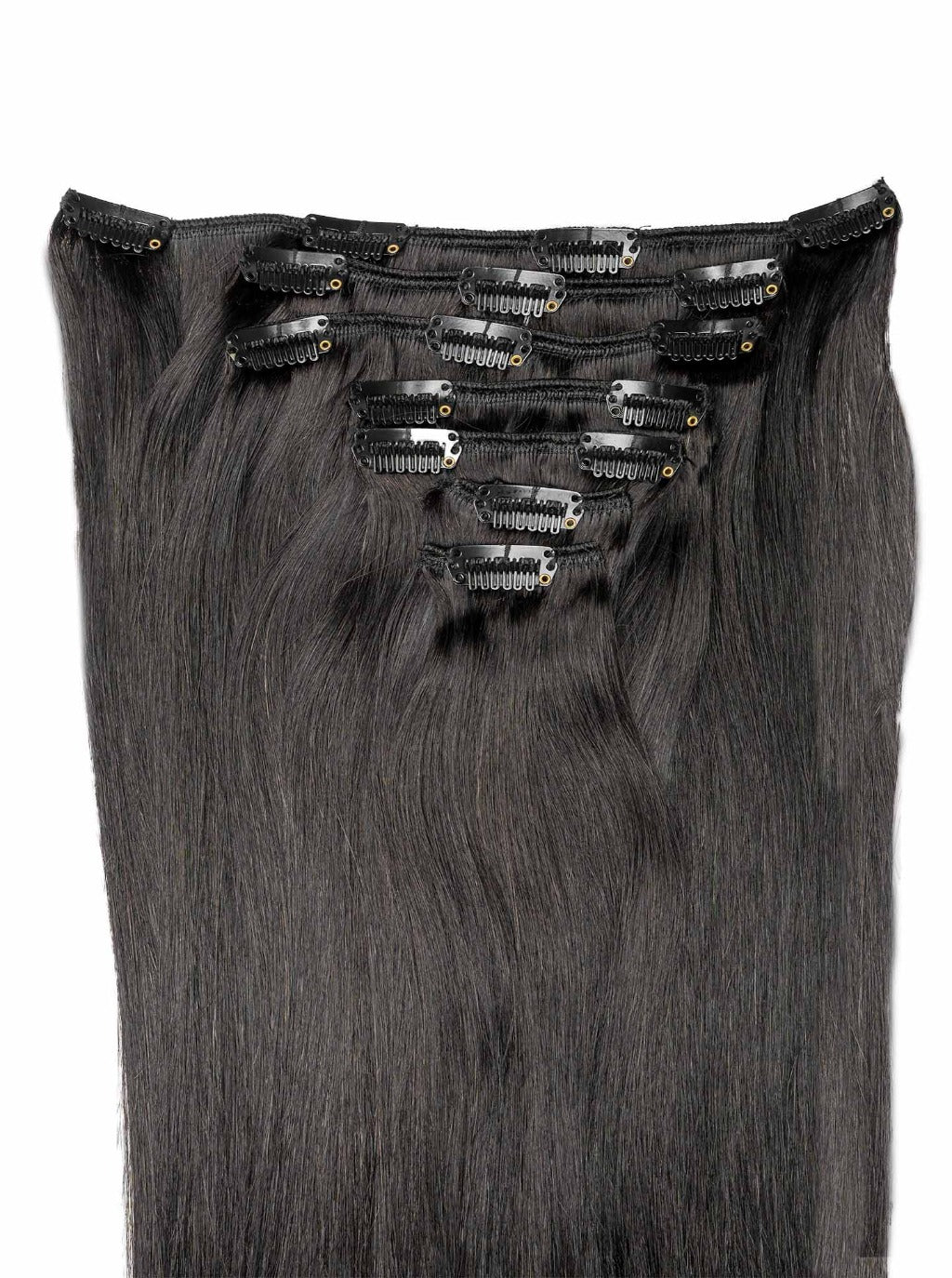 Clip-in hair extensions, straight dark weave with row of metal snap clips