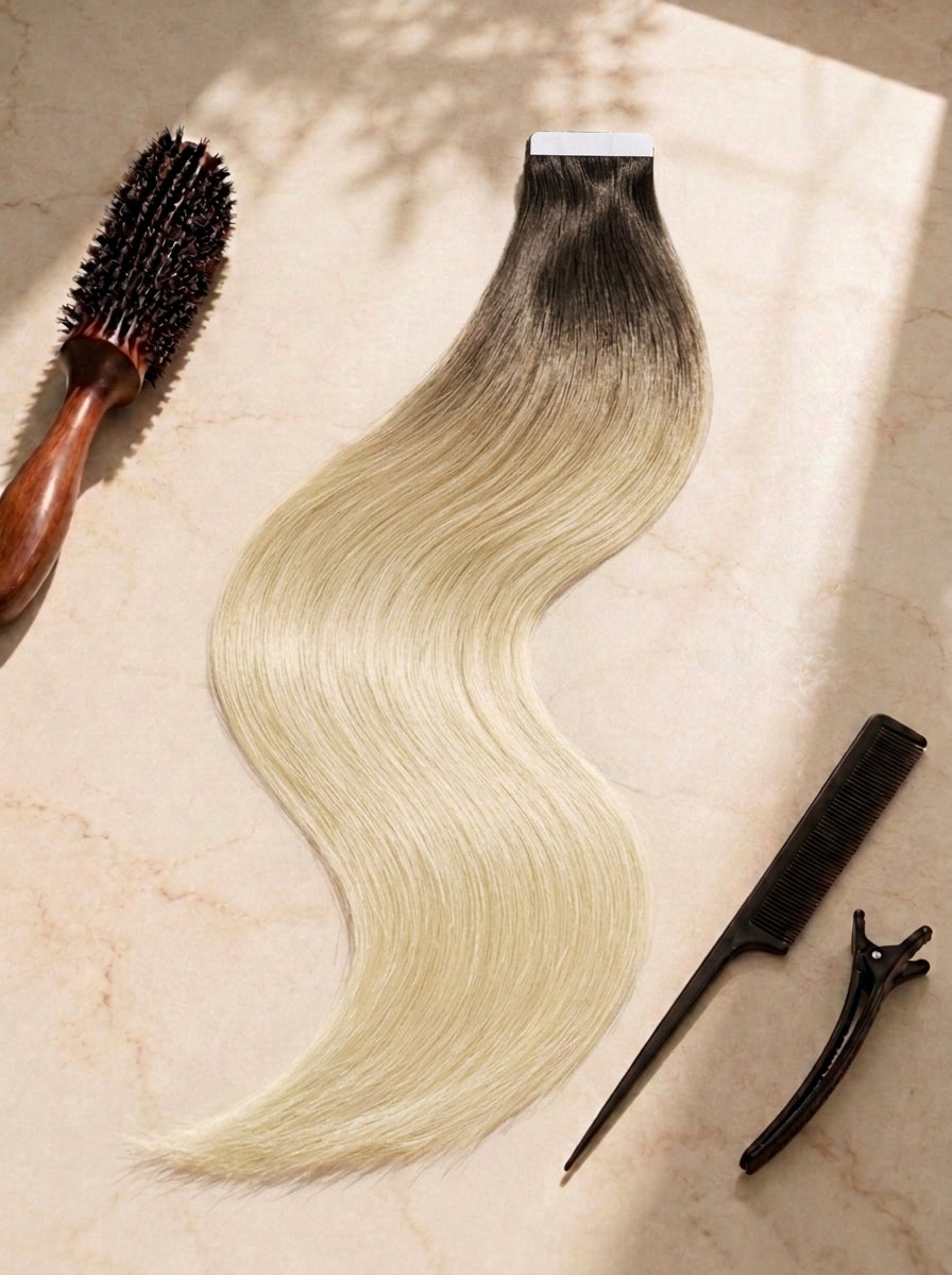 Straight tape-in hair extension, blonde with pale olive tint, visible tape strip