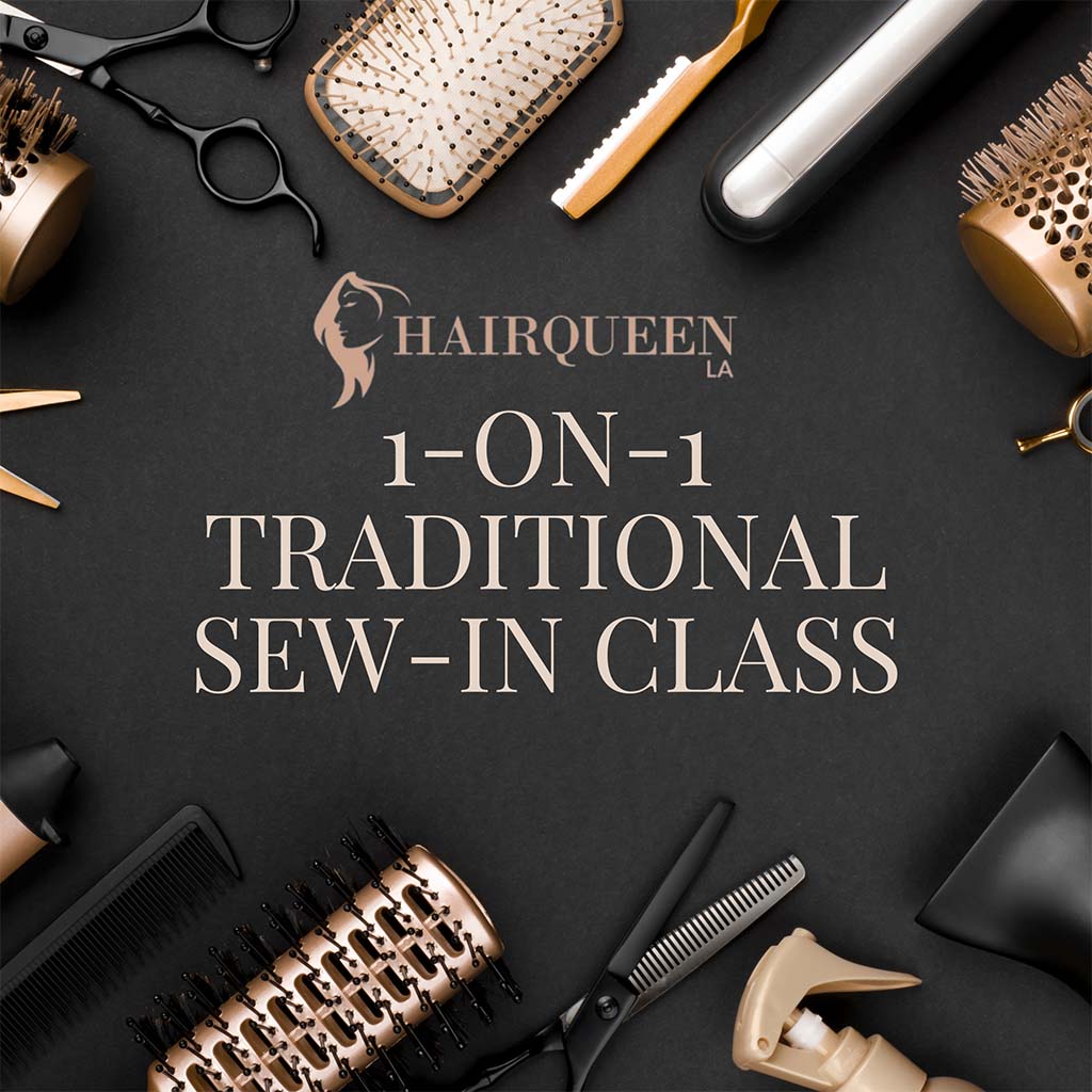 Traditional sew-in class promo card with hair tools and hairbrushes