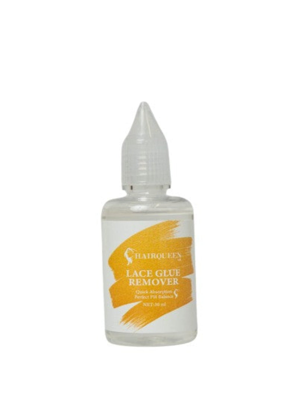 Lace glue remover bottle with clear cap, white container and amber label