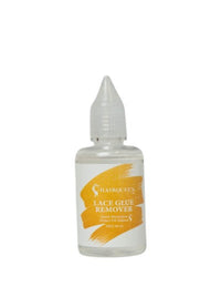 Lace glue remover bottle with clear cap, white container and amber label
