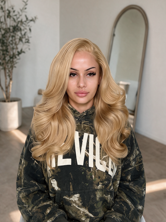Light blonde long wavy lace wig with side-part style and full voluminous hair