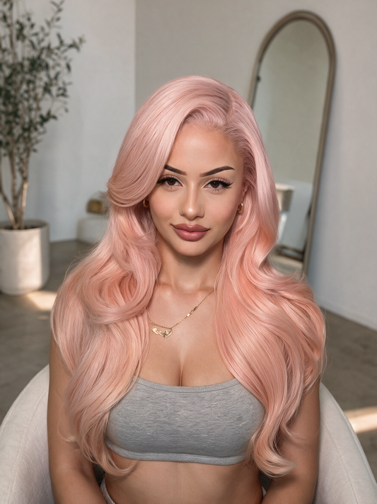 Wendy lace wig, long wavy pastel pink hair, side-swept layers