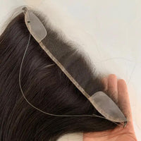 Dark brown lace hairline topper with sheer lace edge and natural hair fibers