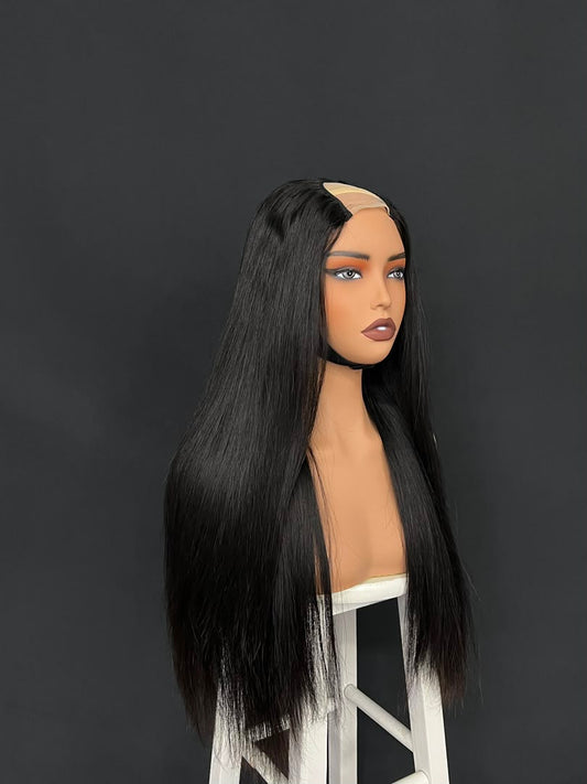 Straight U-part wig with long black straight hair and beige U-part opening