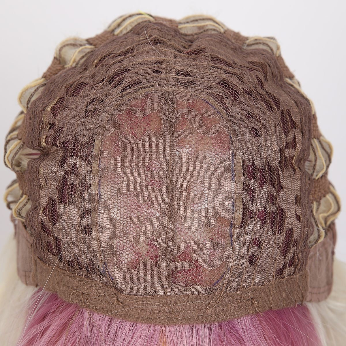 Wig cap mesh top with blonde-to-pink ombre wavy hair