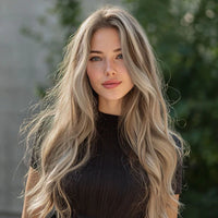 Synthetic blend wig: long wavy blonde hair with dark roots, center part.
