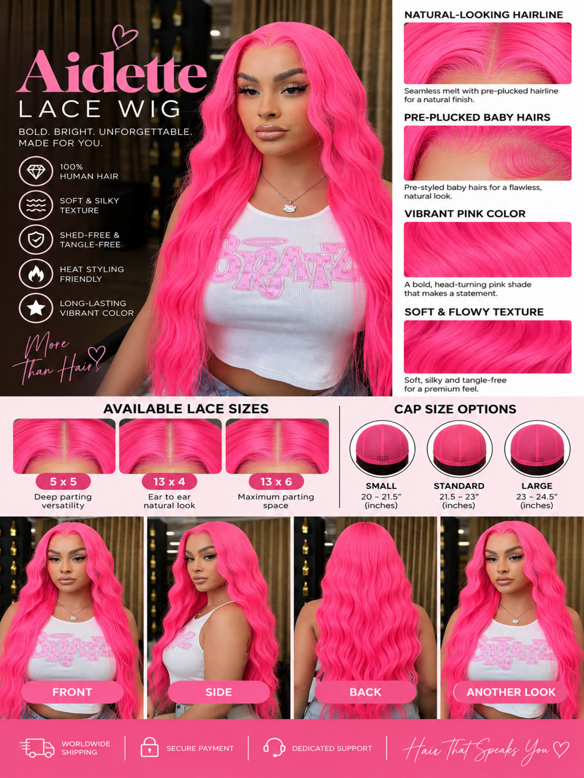 Vibrant pink lace wig shown in front, side, and back views