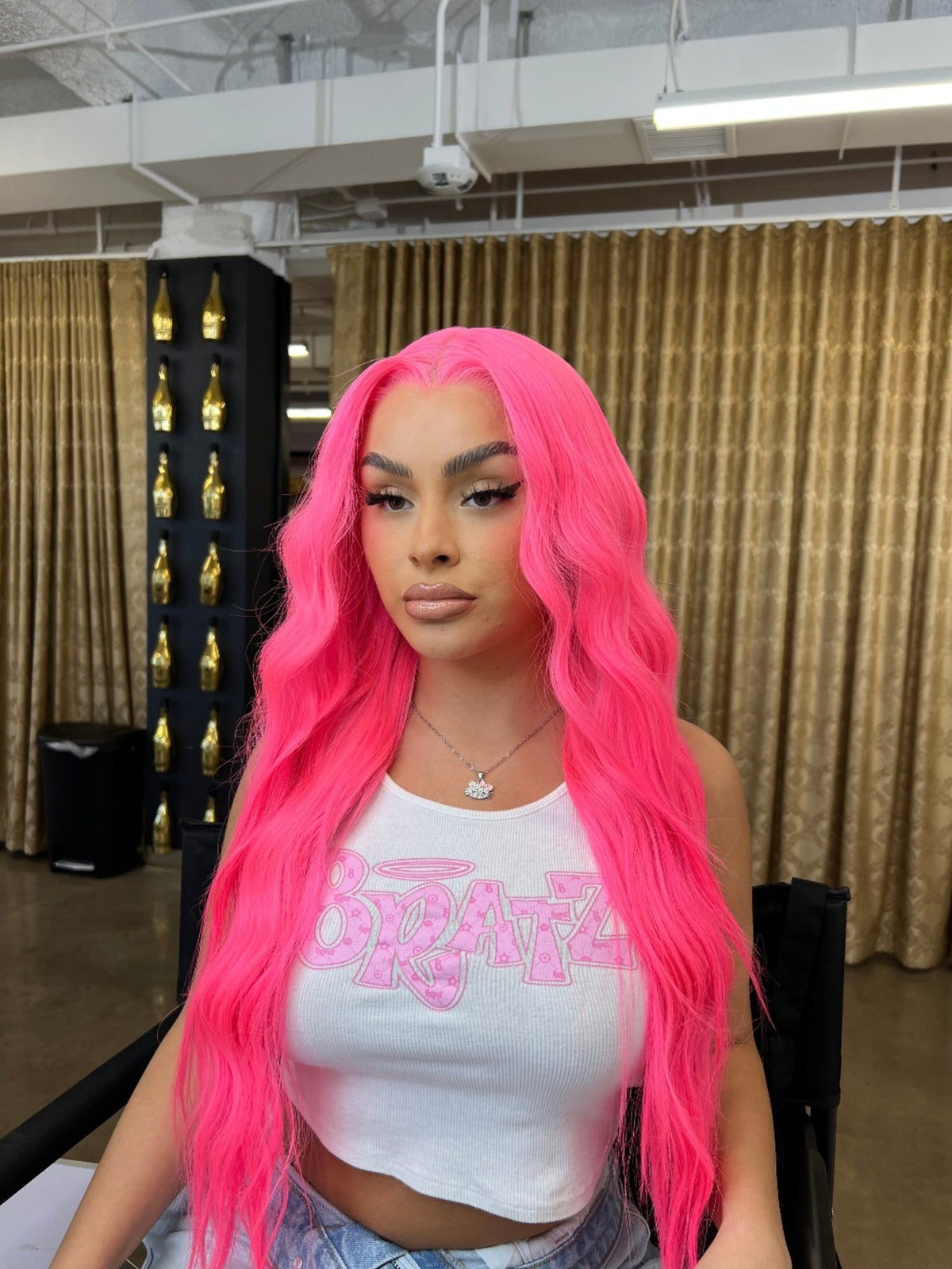 Aidette lace wig, long vibrant pink body-wave hair with lace front