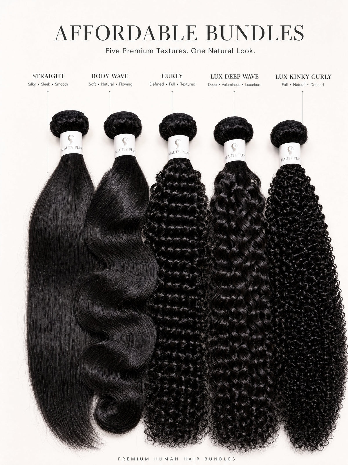 Black human hair bundle set showing straight, body wave, curly, deep wave textures