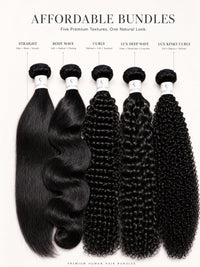 Black human hair bundle set showing straight, body wave, curly, deep wave textures
