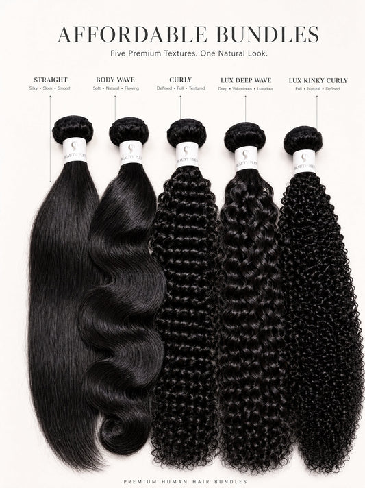 Black human hair bundle set showing straight, body wave, curly, deep wave textures