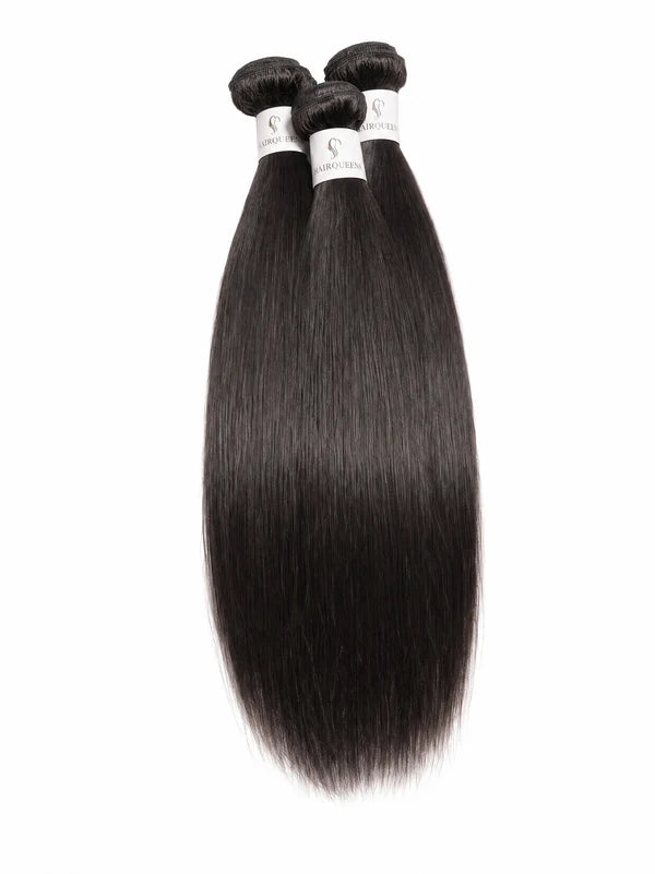 Black straight hair bundle pack, two small bundles bound at the top.