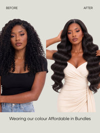 Black loose wavy hair bundle on model, soft curls with side-swept volume.