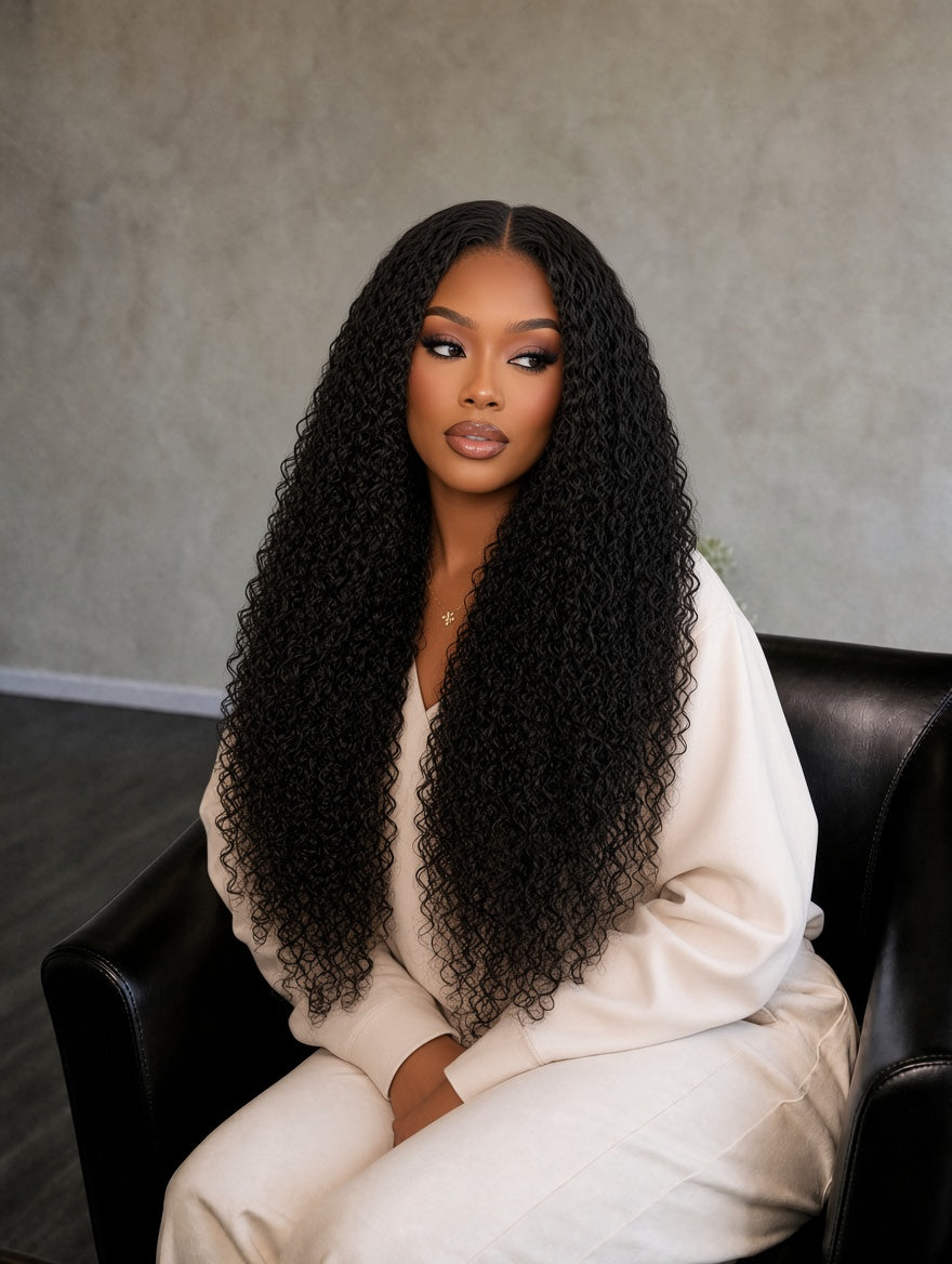 Black curly hair bundle on model, long voluminous curls and natural shine.