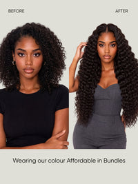 Black curly hair bundle on model, tight ringlets with full shoulder-length volume.
