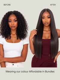Black straight hair bundle on model, smooth long hair with sleek fall.