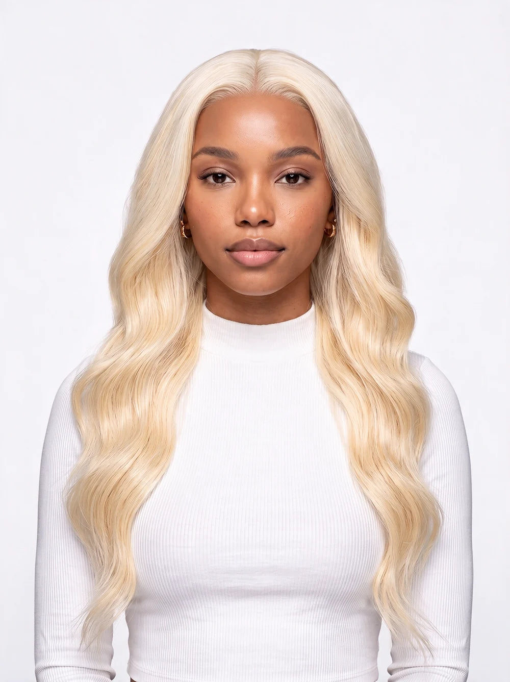 Long blonde wig with loose waves and center part, full hair coverage