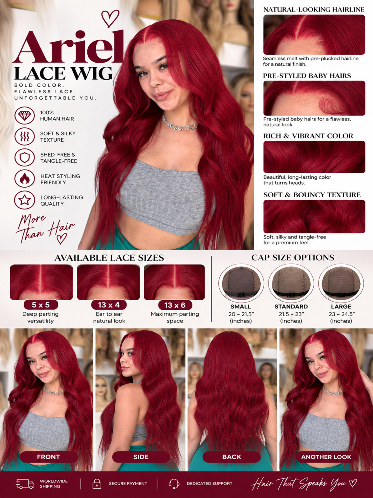 Red long lace wig on model with flowing hair and natural-looking hairline