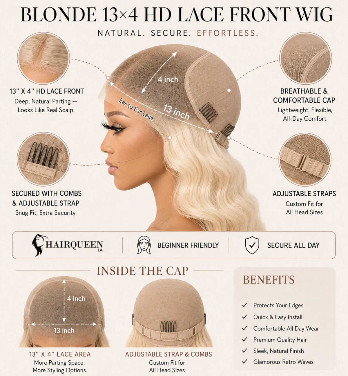 Blonde lace front wig with 13x4 lace front, long wavy hair, natural part and curls