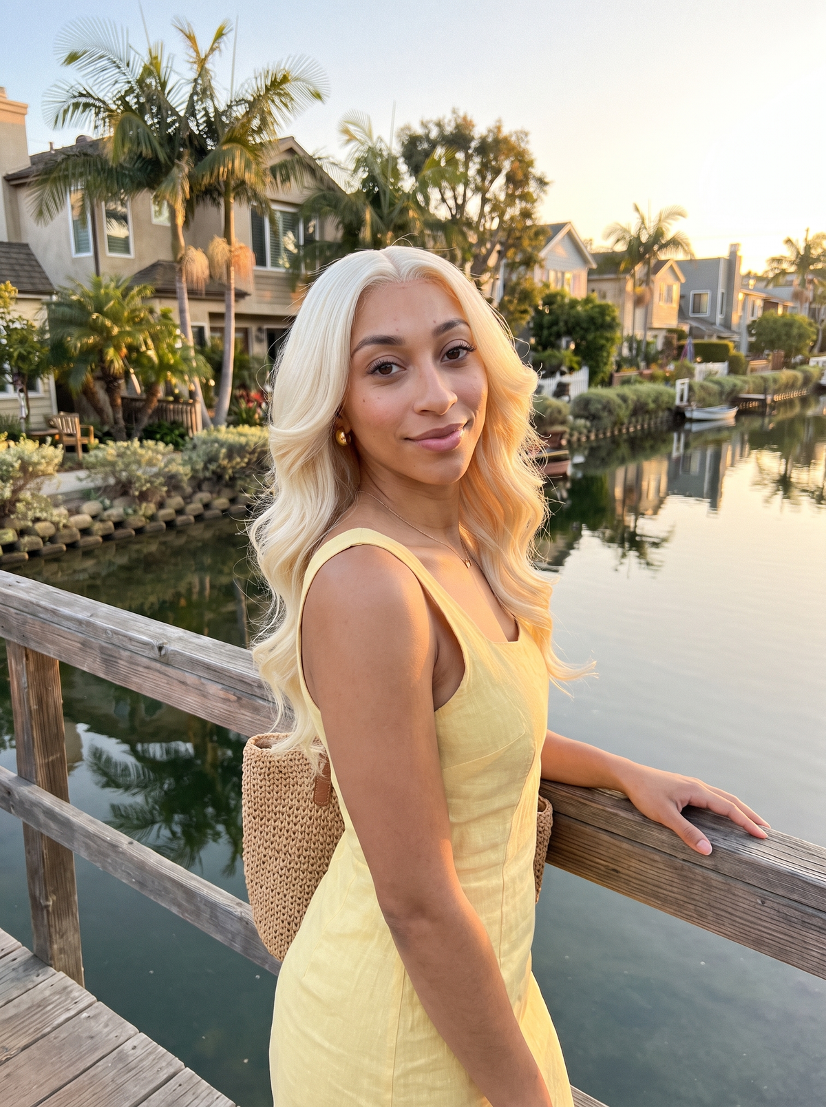 Blonde long wavy wig on model, shoulder-length look with center part