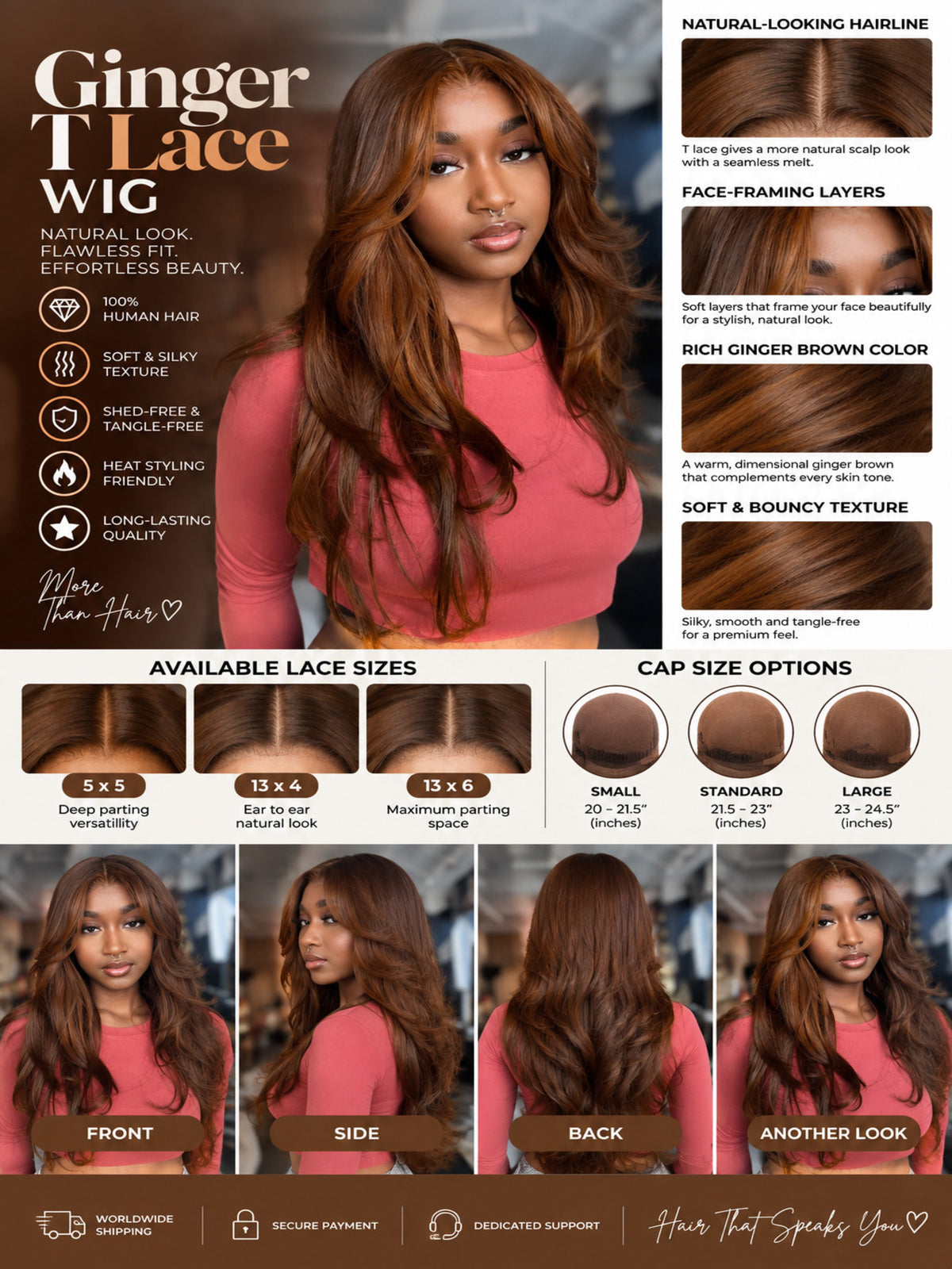 Lace front wig with long auburn-brown wavy hair and side part