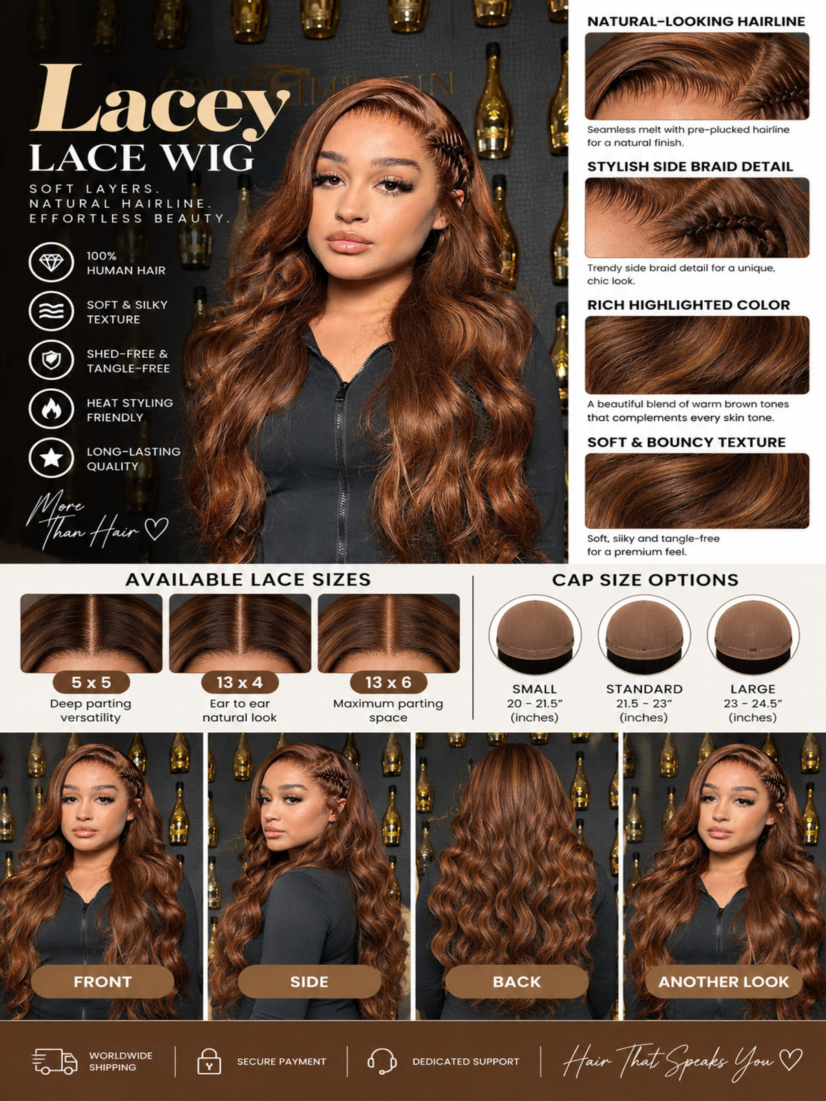Lacy lace wig style card featuring long wavy reddish-brown hair with lace front