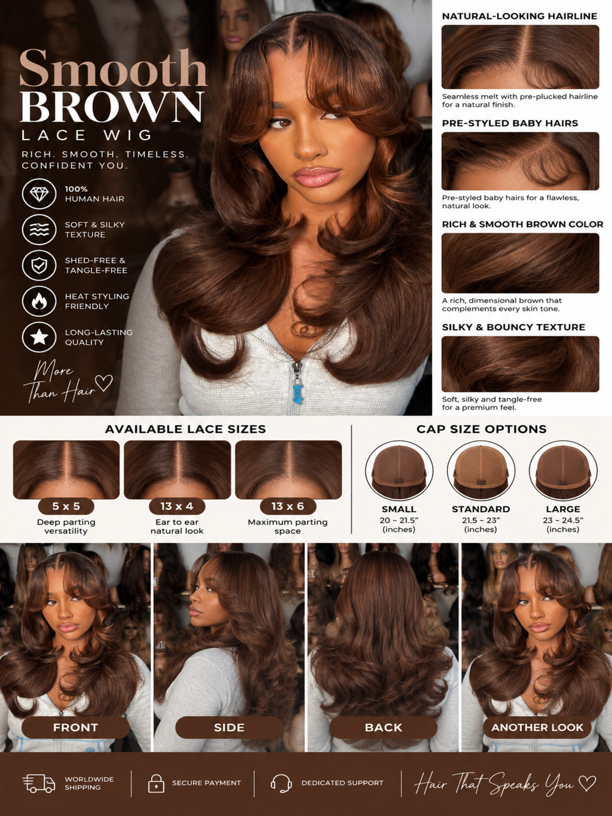 Brown lace front wig with smooth, long loose waves and side-swept fringe