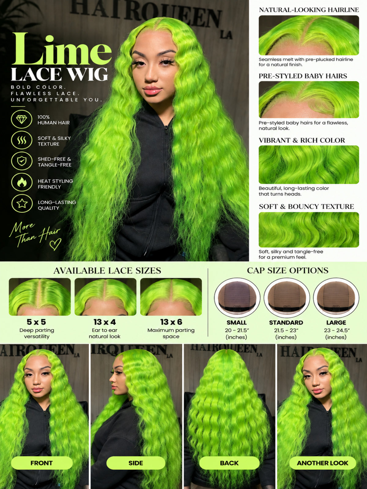 Lime green lace wig with long wavy hair and lace front, worn with black outfit