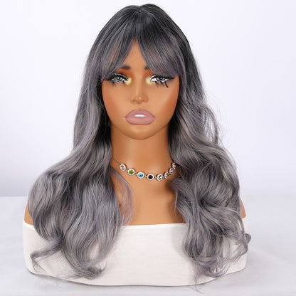 Long Silver Gray Wavy Synthetic Blend Wig with Bangs