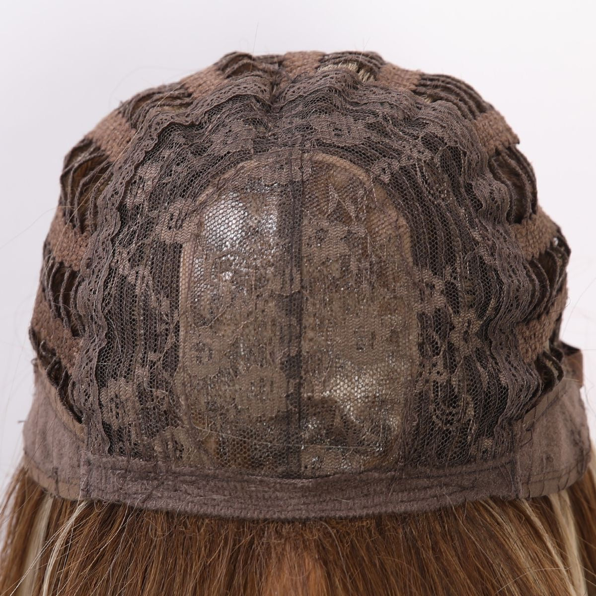 Brown highlighted wig cap with visible mesh and lace front panel