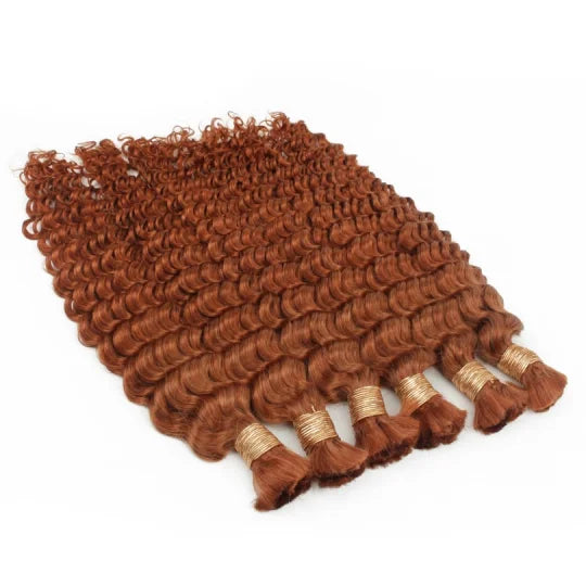 20-inch bulk hair bundle in copper-brown tight curls with curved weft and trimmed ends