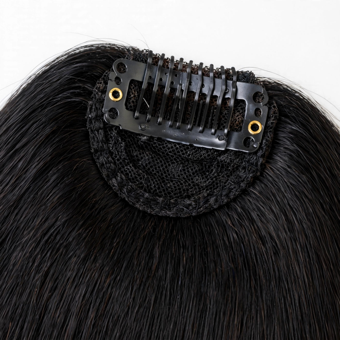 Clip-in hair bangs, black straight fringe with black mesh base and comb clips