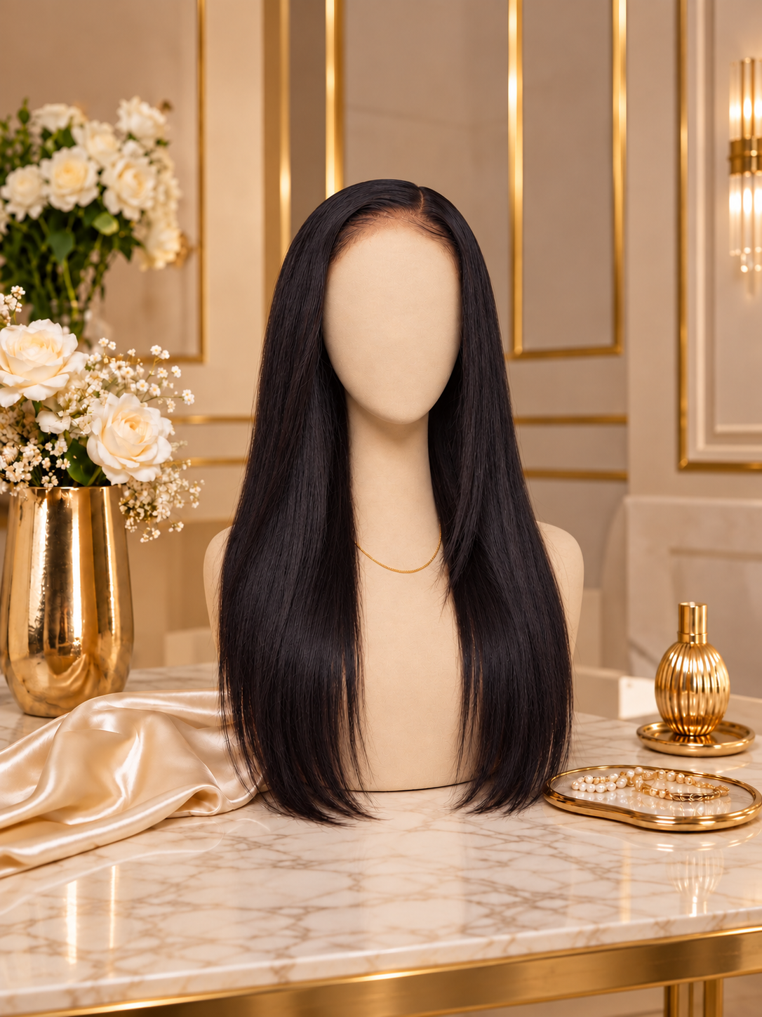Long straight lace-front wig, dark brown, center-part style on a mannequin.