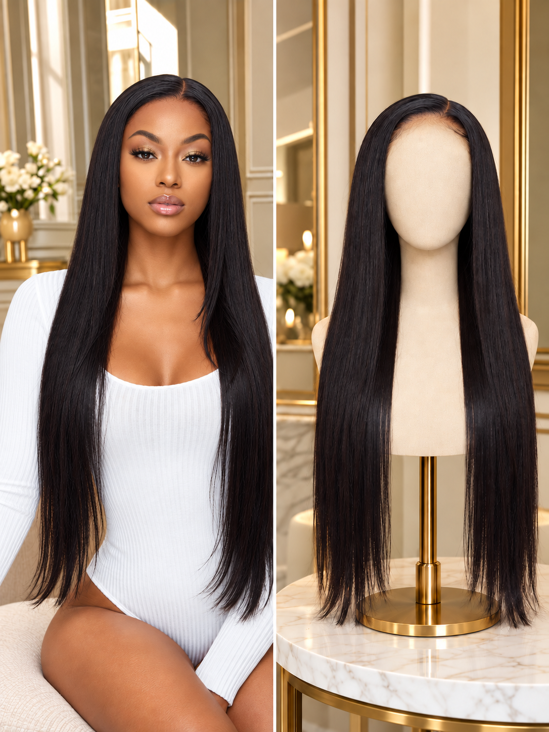 Straight black lace wig with long sleek hair, lace front hairline visible